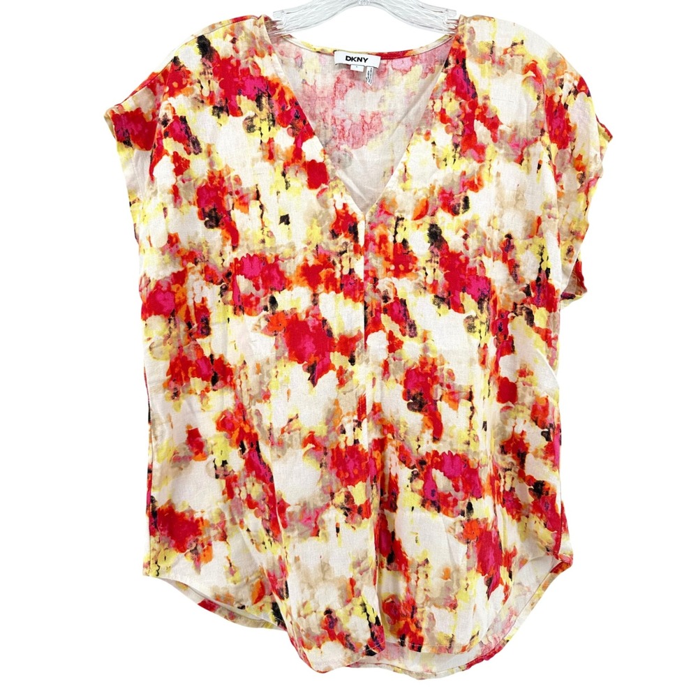 DKNY Womens Linen Blend V-Neck Abstract Floral Blouse Large Bold Vacation Resort